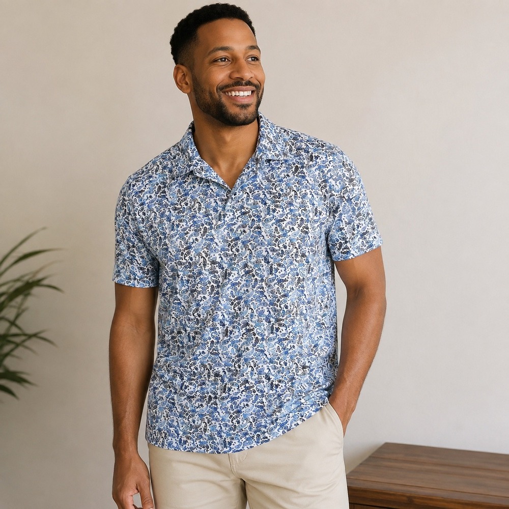 Robert Graham Polo Mens L Blue Classic Fit Paisley Short Sleeve Golf Shirt